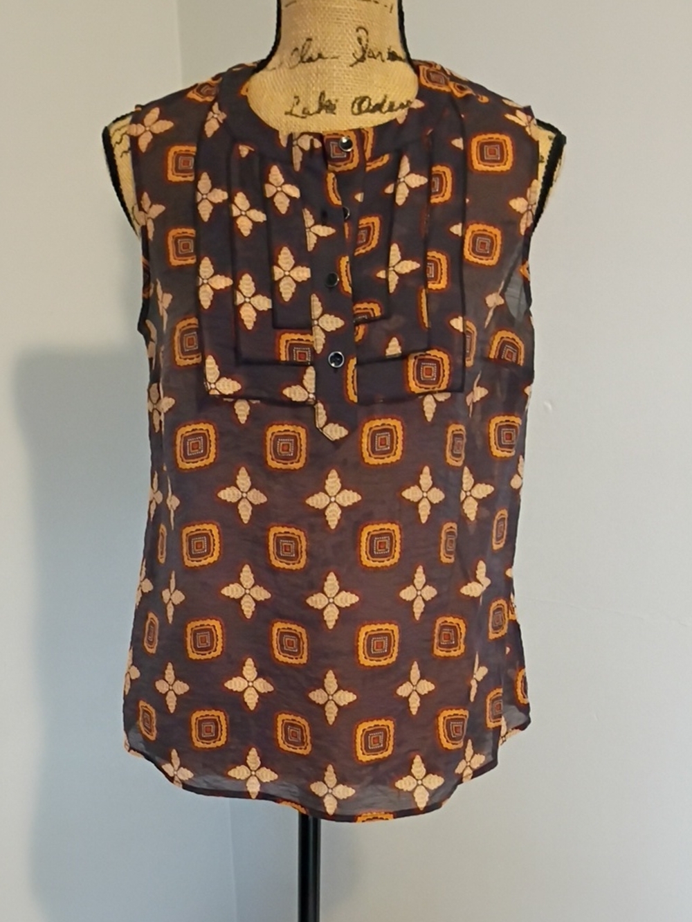 CAbi Brown Sleeveless Geometric Print Camisole with Orange Accents